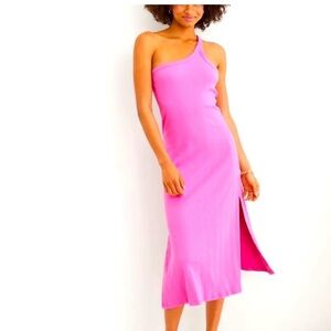 Aerie Pink Ribbed One Shoulder Midi Dress NWT Small Slit Bodycon Summer Vacay